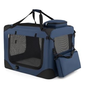 Transportín plegable talla M para mascotas con ventanas de malla, 3 puertas, cama de felpa y bolsillos, azul