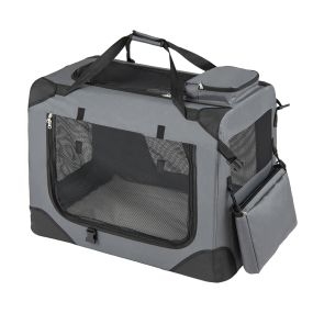 Transportín plegable talla M para mascotas con ventanas de malla, 3 puertas, cama de felpa y bolsillos, gris