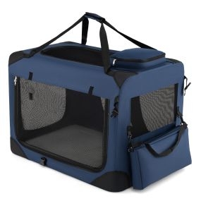 Transportín plegable talla L para mascotas con ventanas de malla, 3 puertas, cama de felpa y bolsillos, azul