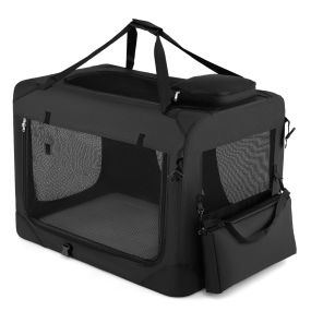 Transportín plegable talla L para mascotas con ventanas de malla, 3 puertas, cama de felpa y bolsillos extraíbles, negro
