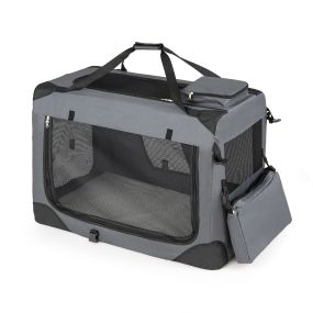 Transportín plegable talla L para mascotas con ventanas de malla, 3 puertas, cama de felpa y bolsillos extraíbles, gris