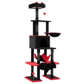 Árbol para gatos gótico rojo y negro con postes de sisal, casita, hamaca y juguetes, 178 cm