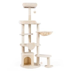 Árbol para gatos beige con postes de sisal, dos casitas, plataformas en forma de corazón y kit antivuelco, 149 cm