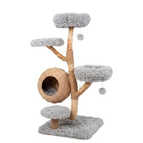 Árbol para gatos de 5 niveles 134 cm con casita, poste macizo, plataformas acolchadas, rascadores de yute y pelotas colgantes gris