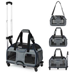 Transportín para mascotas con carrito desmontable, ruedas giratorias, transpirable y resistente, 47 x 31,5 x 37 cm, azul