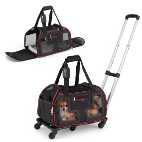Transportín para mascotas con carrito extraíble, ruedas multidireccionales, ventilación, 47 x 31,5 x 37 cm, rojo