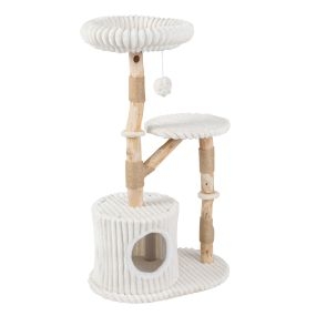 Árbol para Gatos con Tronco de Madera de Pera Poste de Rascado de Yute Dos Nidos Cómodos Juguete Colgante Resistente 56 x 41 x 105 cm Beige