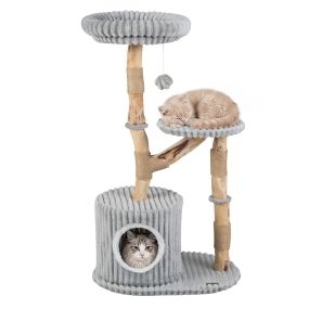 Árbol para Gatos con Tronco Natural de Madera de Pera Dos Plataformas Poste de Rascado de Yute Dos Casas Acolchadas 56 x 41 x 105 cm Gris