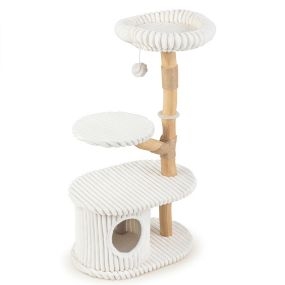 Árbol para Gatos con Tronco de Madera de Pera Plataforma Superior Tapizado Rayado Un Nido Cerrado Poste de Yute 56 x 41 x 105 cm Beige