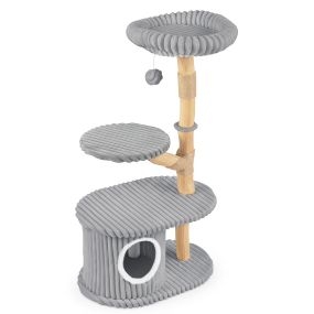 Árbol para Gatos con Tronco de Madera de Pera Tres Plataformas Elevadas Tela Rayada Refugio Cerrado Poste de Yute 56 x 41 x 105 cm Gris