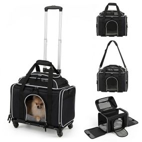 Transportín para mascotas 3 en 1 con base rodante, cremalleras seguras y ventilación, 46 x 29 x 28 cm, negro