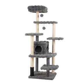Árbol para gatos multinivel con postes de sisal y cueva cómoda, 86 x 82 x 170 cm, gris