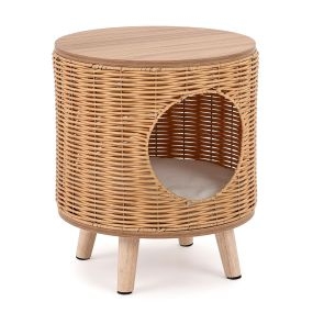 Casa para gatos de ratán PE 2 en 1 con cojín extraíble patas de madera interior 36 x 36 x 41 cm natural