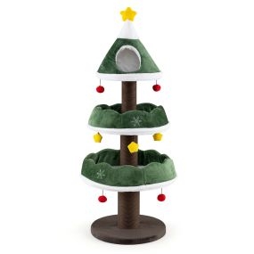 Árbol para gatos navideño de tres niveles con casita superior y postes de yute, 143 cm, verde