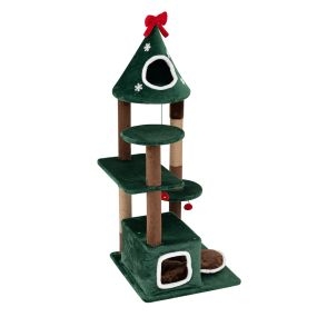 Árbol para Gatos Diseño Navideño Altura 137 cm con Postes de Yute Antivuelco Amplias Plataformas Cómodas y Juguetes para Diversión Verde