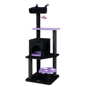 Torre para gatos estilo gótico con refugio cubierto y postes de cuerda de papel 144 cm morado y negro