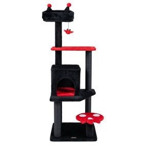 Árbol para gatos estilo gótico con casita, plataformas y postes de cuerda de papel, 144 cm, rojo y negro