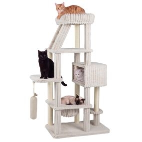 Árbol para Gatos Grande con Escalera Hamaca y Bolsa de Arena Altura 180 cm Postes de Sisal Antivuelco Amplias Plataformas Cómodas Beige