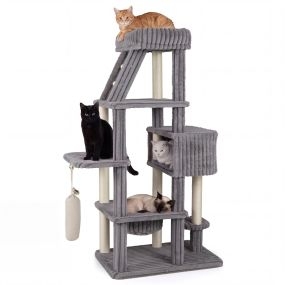 Árbol para Gatos Grande Base Ancha con Hamaca Casita y Juguete Altura 180 cm Postes de Sisal Antivuelco Amplios Múltiples Niveles Gris