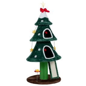 Árbol para Gatos Diseño Navideño con Lazo y Estrellas Altura 137,5 cm Columnas de Yute Antideslizante Plataformas y Juguetes Verde