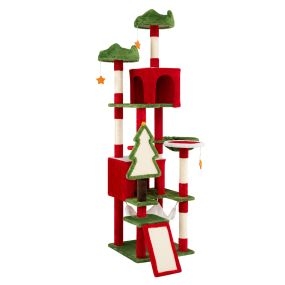 Árbol para Gatos de 6 Niveles Poste de Rascado de Sisal Dos Refugios Hamaca Plataforma Redonda Resistente 86 x 85 x 191 cm Rojo y Verde
