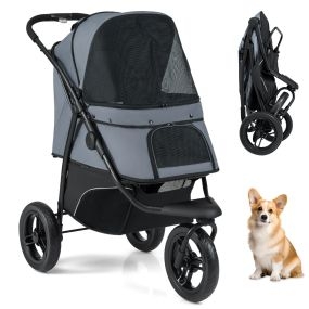 Cochecito plegable de 3 ruedas para perros pequeños y medianos con ruedas todoterreno y capota ajustable gris