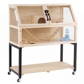 Jaula para hámsters de madera de abeto con ruedas y estante inferior 87 x 42 x 101 cm natural
