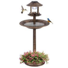 3 en 1 Baño Solar para Pájaros de Exterior con Pedestal Comedero y Base de Macetero para Jardín 50 x 50 x 107 cm Bronce