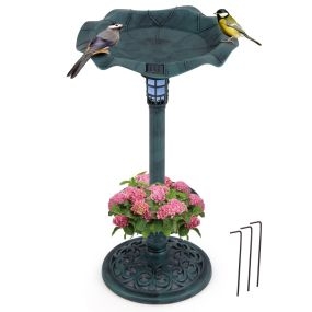 Bañera Solar para Pájaros con Cuenco de Hojas de Loto con Agujeros de Drenaje para Jardín Patio 43 x 43 x 76 cm Verde