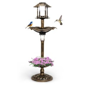 Baño Solar para Pájaros Aire Libre Jardín con Pedestal Iluminado Vintage 2 Lámparas de Energía Solar Macetero de Flores Comedero Bronce