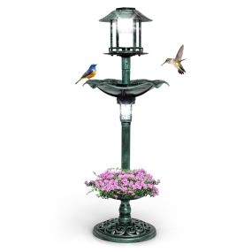 Baño Solar para Pájaros Aire Libre Jardín con Pedestal Iluminado Vintage 2 Lámparas de Energía Solar Macetero de Flores Comedero Verde