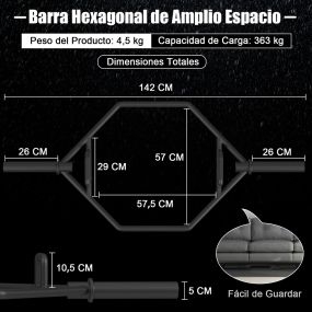 Barra Hexagonal Plegable con Mangos Estriados Carga 363 kg Resorte de Seguridad Negro