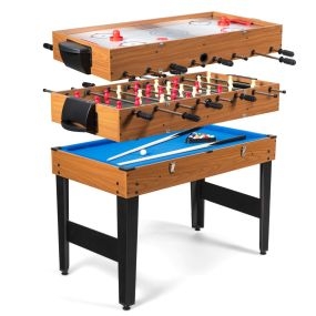 Mesa de juego multifuncional 3 en 1 con futbolín, billar y hockey deslizante, marrón