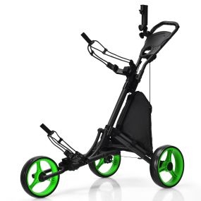 Carro de Golf de Empuje con 3 Ruedas Carrito de Golf Plegable Mando Altura Regulable con Portavaso Marcador Verde