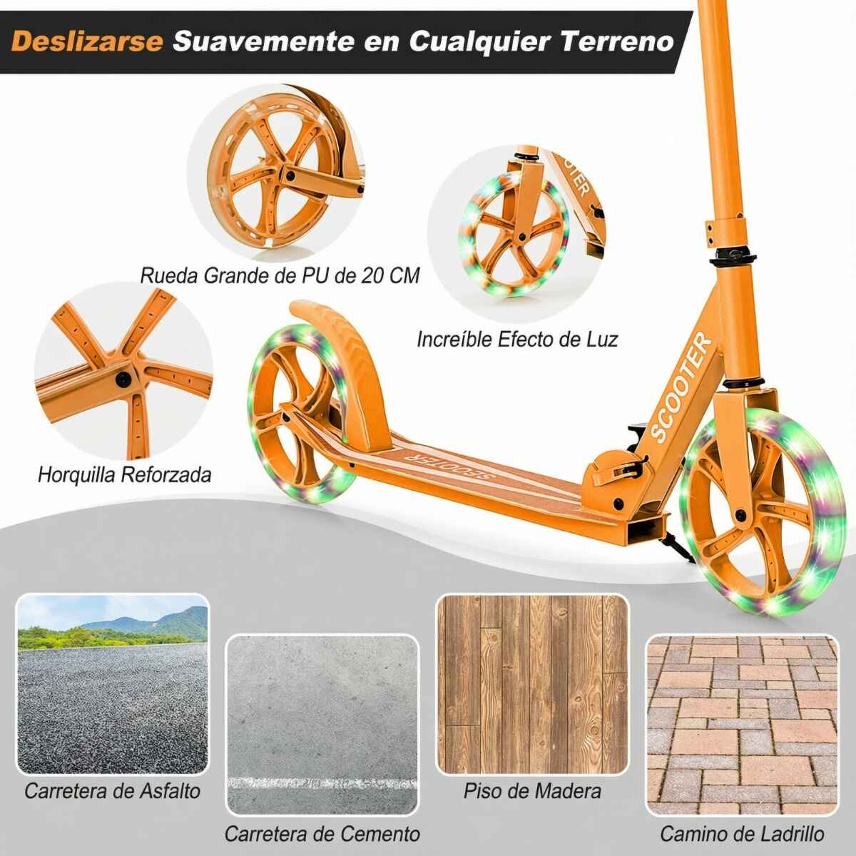 Patinete con Plataforma de Aluminio Manillar Regulable en 3 Posiciones y Tira para Niños 10+ Años Rosa Hasta 100 kg Naranja