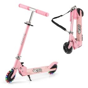 Patinete para Niños Plegable con 2 Ruedas Intermitentes Manillar Ajustable Sistema de Freno Trasero con Reposapiés para Niños 3+ Años Rosa