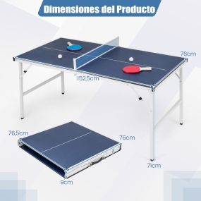 Mesa de Ping Pong Plegable de 1525 x 76 cm Mesa de Tenis de Mesa Portátil con Red 2 Palas y Pelotas Premontada Juego Familiar Azul