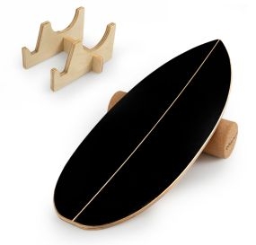 Tabla de equilibrio para adultos con rodillo de corcho y estante negro y natural para fortalecer núcleo y entrenamiento surf oscilante