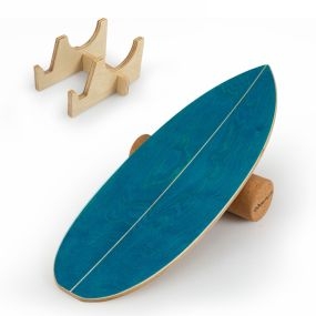 Tabla de equilibrio para adultos con rodillo de corcho y estante azul y natural para fortalecer núcleo y entrenamiento surf oscilante