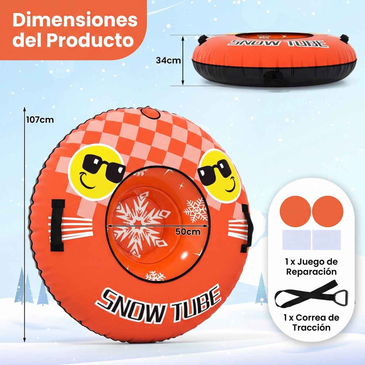 Tubo inflable para nieve resistente con correa desmontable fondo engrosado válvula 3 en 1 asas naranja