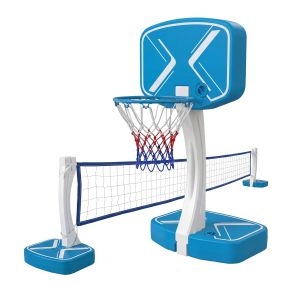 Canasta de baloncesto para piscina 2 en 1 con red de voleibol azul y blanca 60 x 46 x 131,5 cm