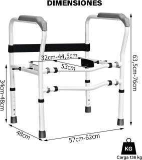 Soporte para inodoro ajustable con altura y ancho regulables, abrazadera giratoria 360° y patas antideslizantes