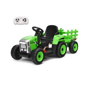 Tractor Eléctrico para Niños 12V con Remolque Extraíble y Control Remoto con 3 Velocidades/Luz/Música para 3+ Años Carga 30kg Verde