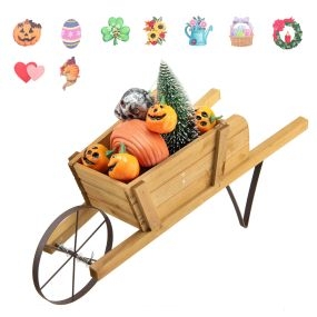 Jardinera de madera de pino tipo carretilla para interior y exterior con 9 accesorios magnéticos, 69,5 x 26 x 29,5 cm, natural