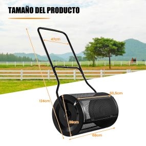 Esparcidor de Compost de 60,5 cm con Mango en Forma de U Cierres Laterales y Rodillo de Malla de Metal Resistente para Siembra Negro