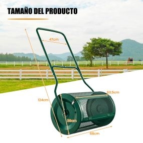 Esparcidor de Compost de 60,5 cm con Mango en Forma de U Cierres Laterales y Rodillo de Malla de Metal Resistente para Siembra Verde