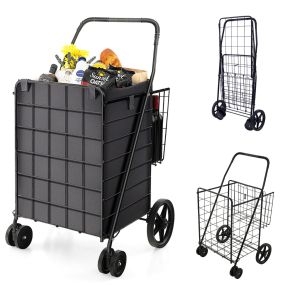 Carrito de Compras con Forro 120 L Plegable de Metal Carro Portátil para Supermercado Lavandería Carga 40 kg 61 x 60 x 102 cm Negro