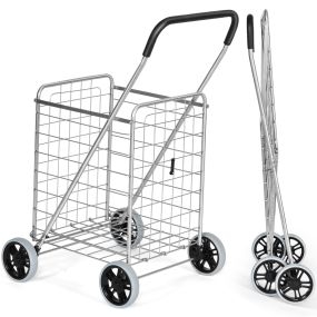 Carro de Compra Plegable Ligero Grande con Ruedas Giratorias Capacidad de 45 kg Portátil para Lavandería Equipaje 57 x 58 x 91cm Plata