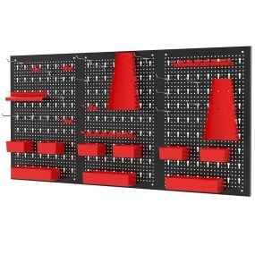 Organizador de pared con panel perforado y 9 contenedores negro y rojo