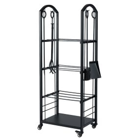 Estante rodante para leña de 4 niveles con ruedas y 5 herramientas para interior y exterior